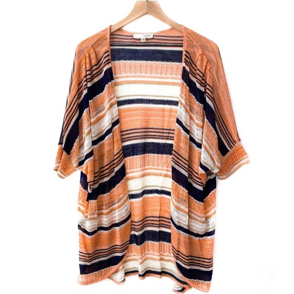 Coral White Knit Kimono Stripe Open
Front.  Size Medium